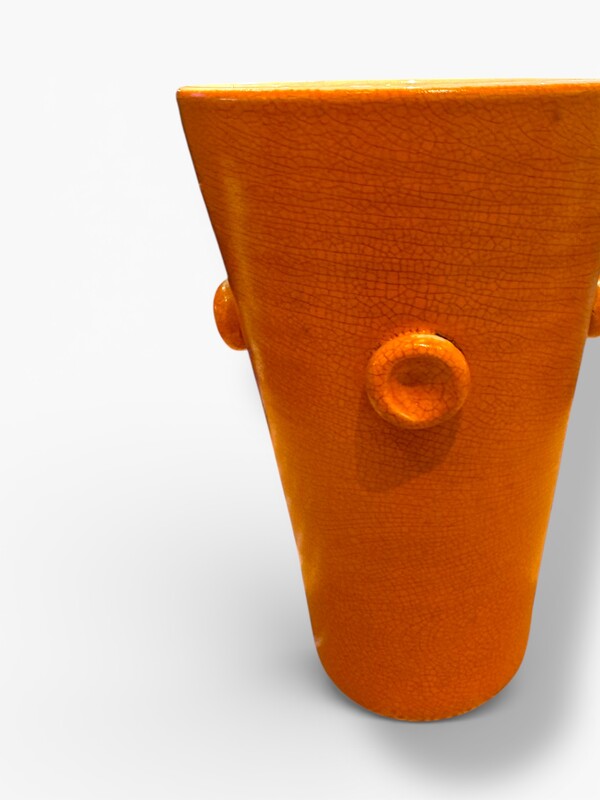 M 517 AV Raymor Italian vase, circa 1960. Glazed ceramic with orange crackle glaze and applied decoration.