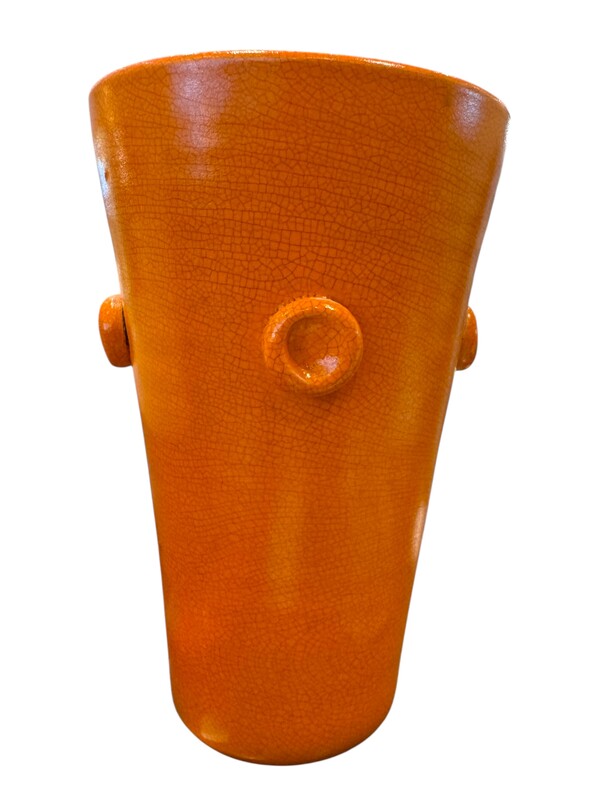 M 517 AV Raymor Italian vase, circa 1960. Glazed ceramic with orange crackle glaze and applied decoration.
