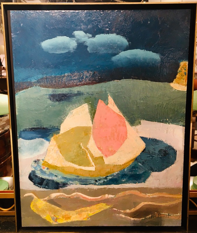 P 109 AS Jeanne Portenart,Hst signée datée « Vacances au bord du temps » 1985, École belge