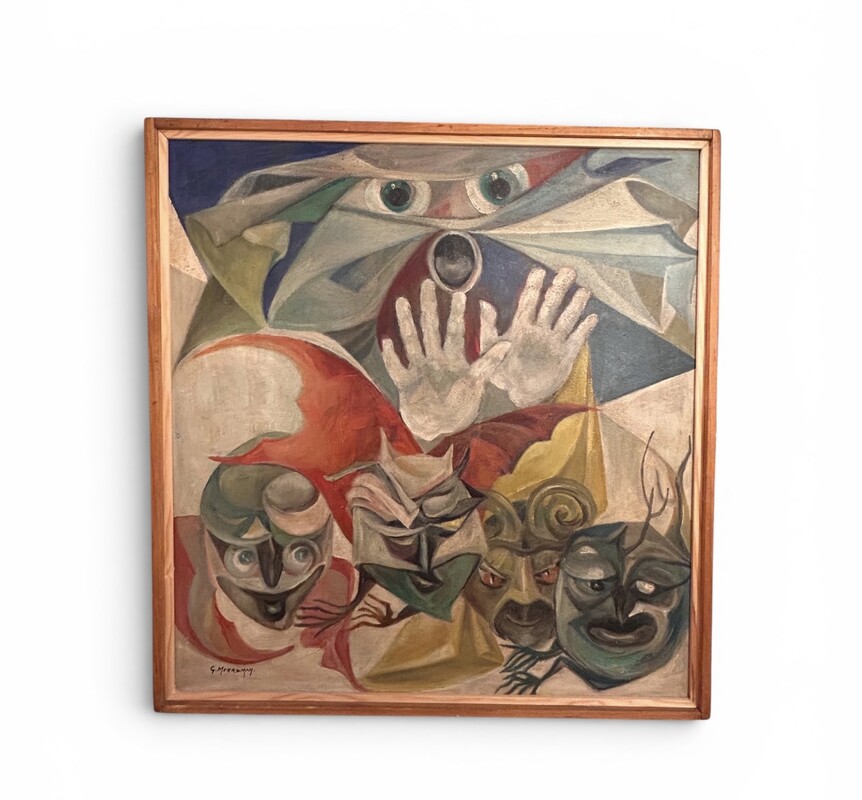 P 218 AS Georgette Meersman (1907-1978), oil on panel, « Les masques » 1935/40