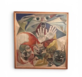 P 218 AS Georgette Meersman (1907-1978), oil on panel, « Les masques » 1935/40