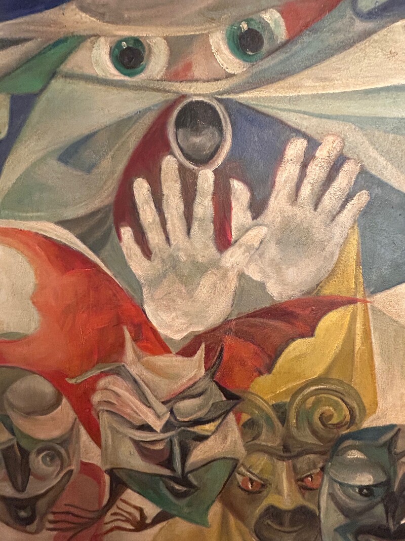P 218 AS Georgette Meersman (1907-1978), oil on panel, « Les masques » 1935/40