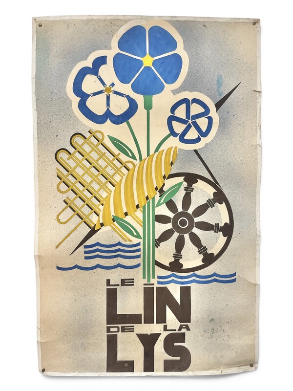 P 219 JD/RC painting on paper « Le Lin de la Lys » , Belgium circa 1940