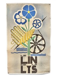 P 219 JD/RC painting on paper « Le Lin de la Lys » , Belgium circa 1940