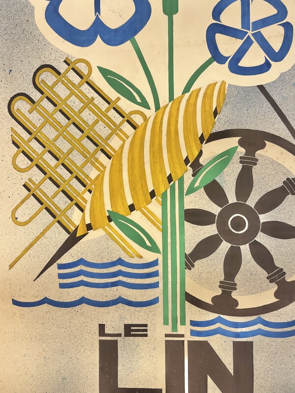 P 219 JD/RC painting on paper « Le Lin de la Lys » , Belgium circa 1940