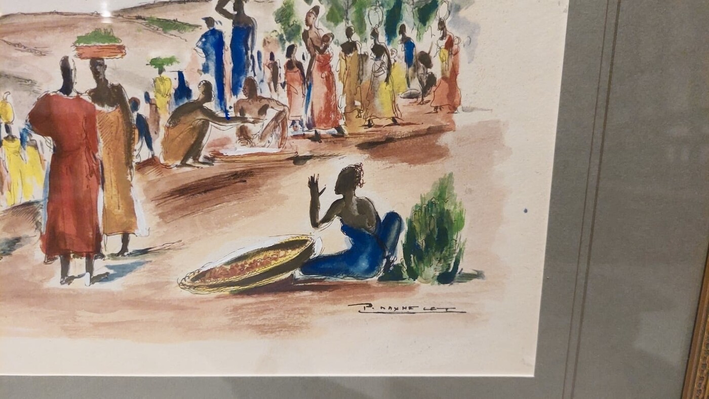 P 245 JC watercolor by Paul Daxhelet, marché au Rwanda