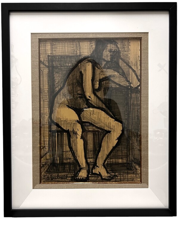 P 323 AS « Nu assis » Berthe Dubail (1911-1984), Belgian painter, signed,mixed media on paper