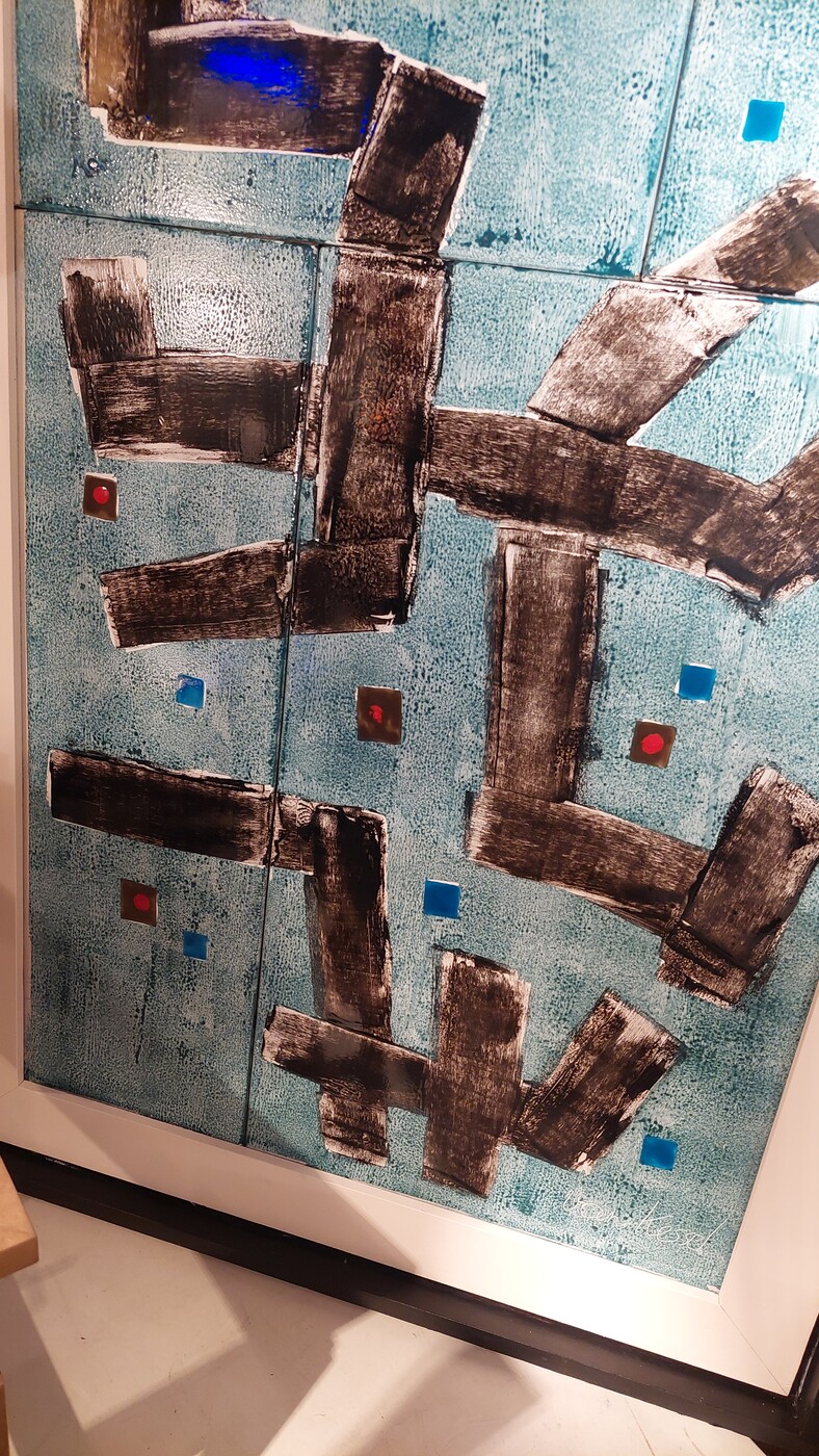 P 351 YD signed abstraction on enamel panel 1980s