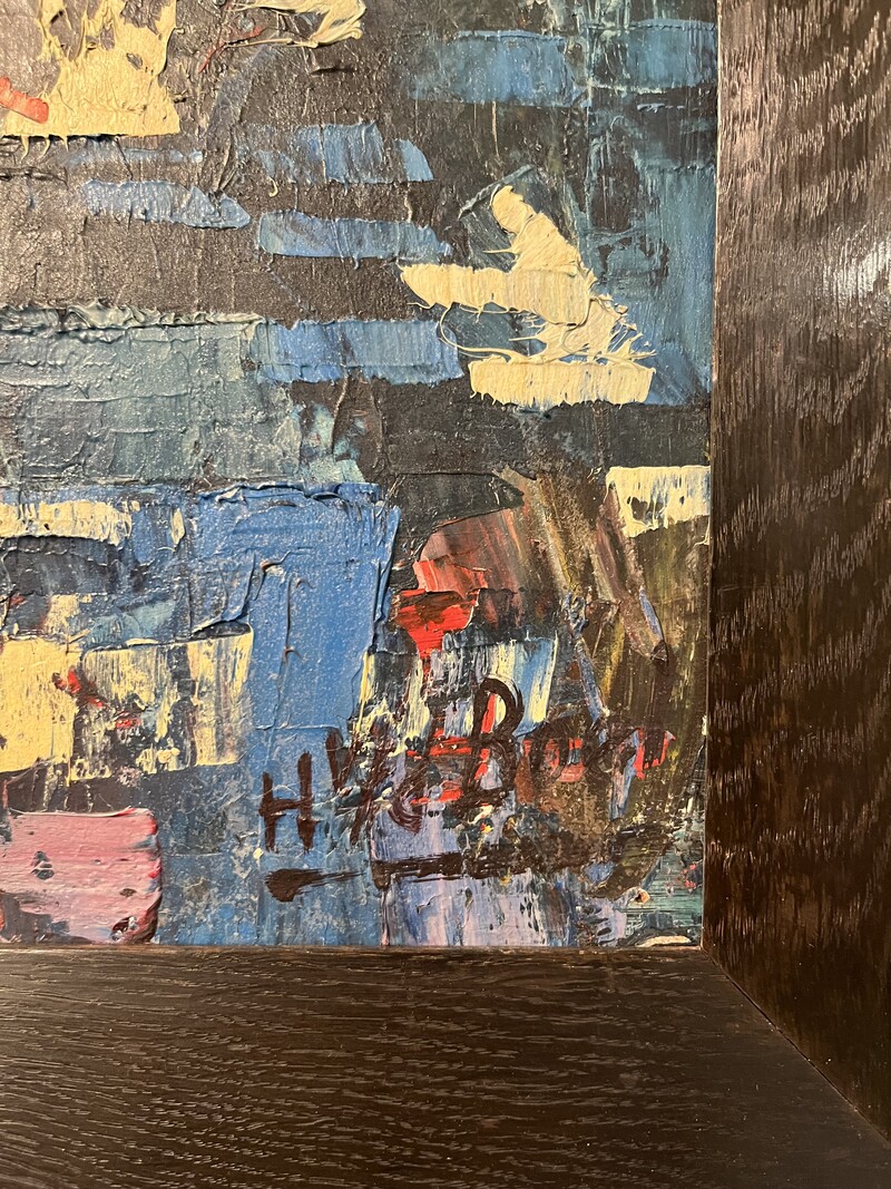 P 391 OB abstract painting with black wood frame