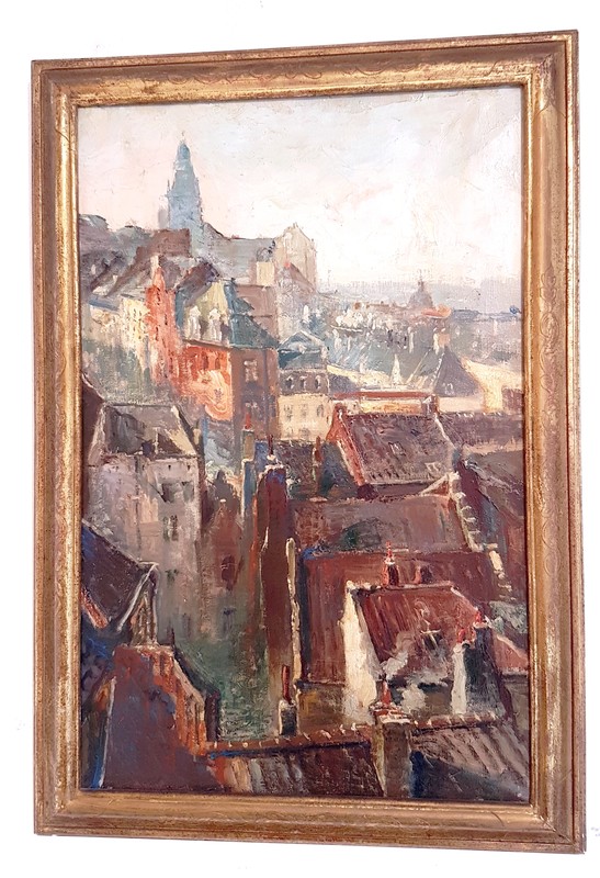 P 49 Apo Oil on canvas, view of old Brussels. Post impressionist school Ca 1930