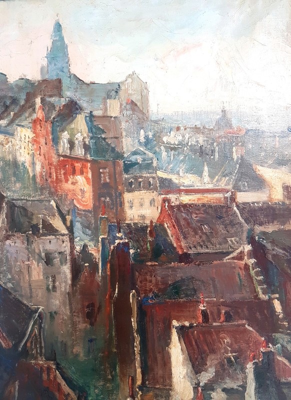 P 49 Apo Oil on canvas, view of old Brussels. Post impressionist school Ca 1930