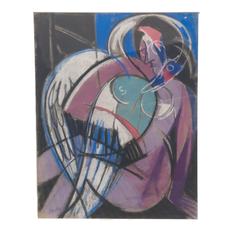 P 899 JC Cubist portrait , pastel by René Mels Belgian school, 1960s