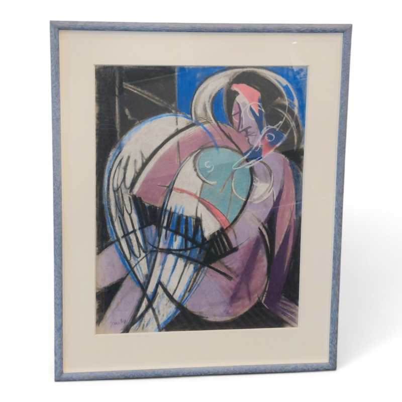 P 899 JC Cubist portrait , pastel by René Mels Belgian school, 1960s