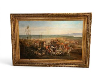 P 902 APO Orientalist battle scene, oil on canvas by Jules VAN IN SCHOOT, circa 1850