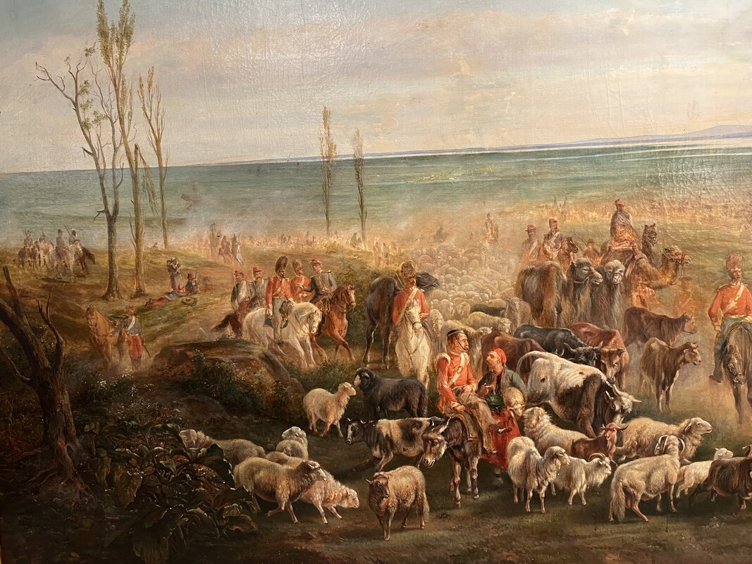P 902 APO Orientalist battle scene, oil on canvas by Jules VAN IN SCHOOT, circa 1850