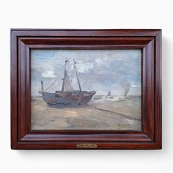 P 903 APO oil on panel, Louis Artan, (1837/1890) « Bateau échoué sur le sable près de Nieuport »