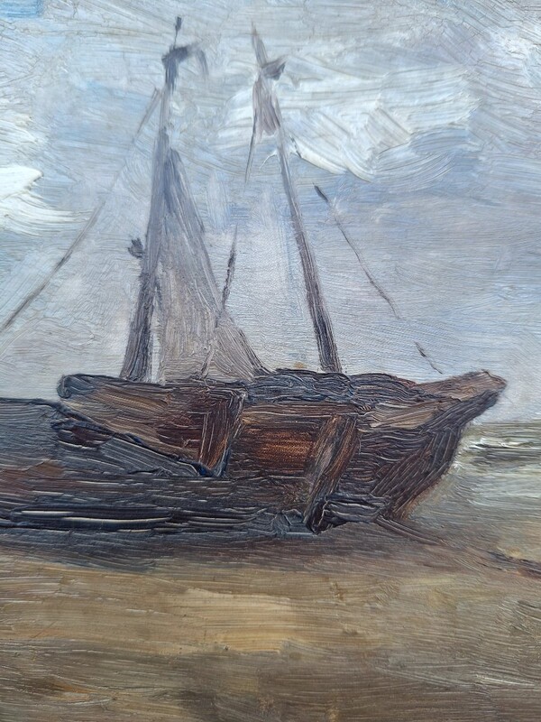P 903 APO oil on panel, Louis Artan, (1837/1890) « Bateau échoué sur le sable près de Nieuport »