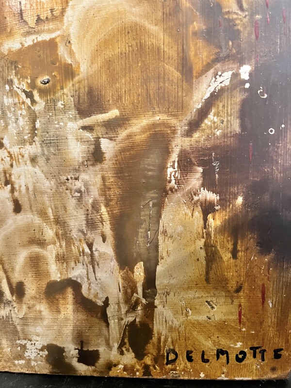 P 907 TH abstract oil on panel signed and dated Marcel Delmotte 