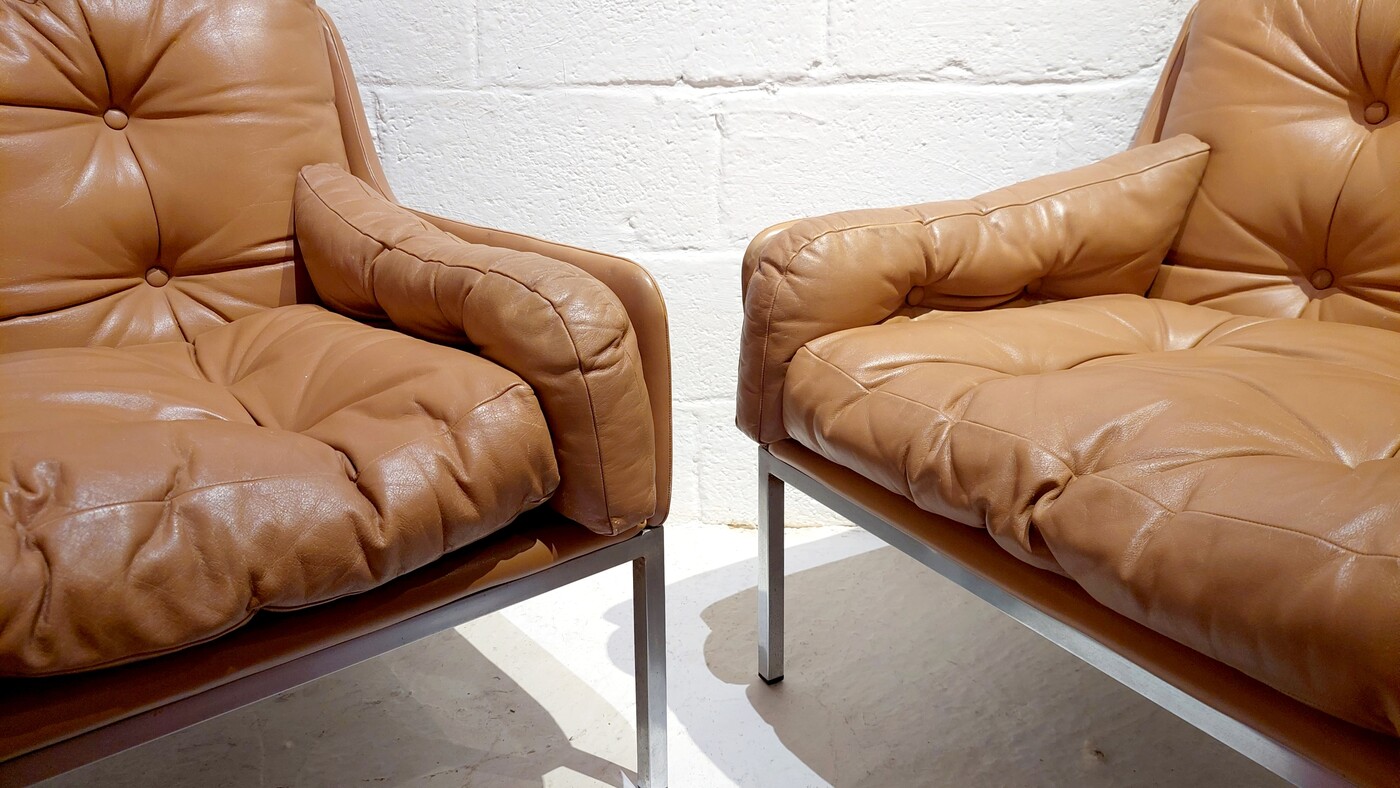 S 053 JC Pair leather and chrome armchairs by Roland Rainer for WK Möbel 1960s