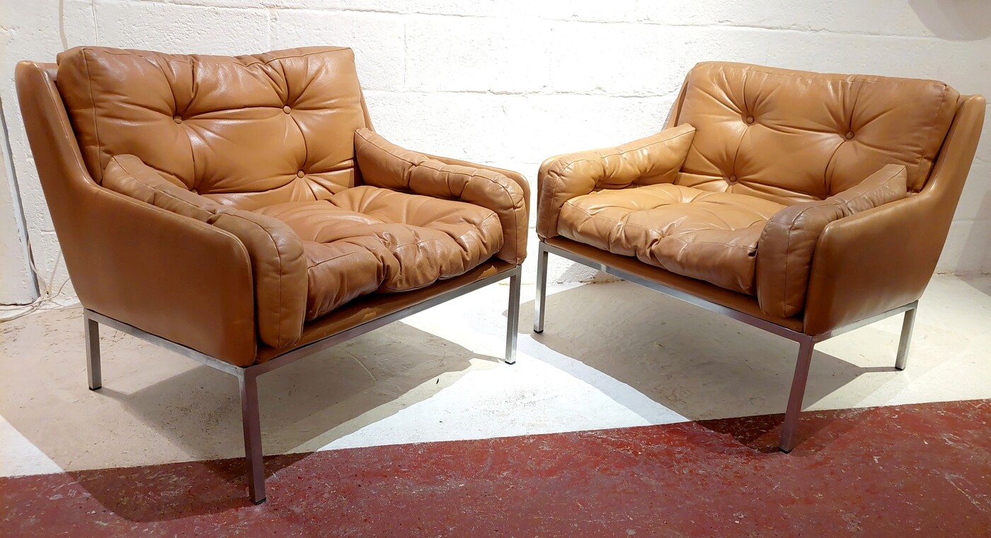 S 053 JC Pair leather and chrome armchairs by Roland Rainer for WK Möbel 1960s