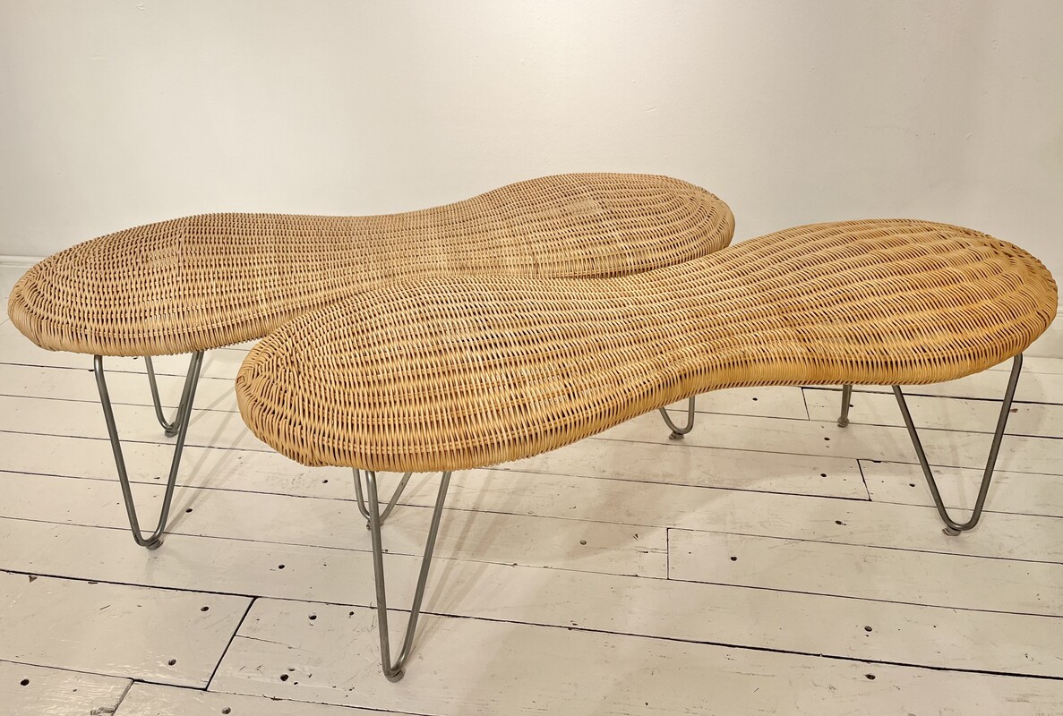 S 171 SC pair of Rattan Peeling Peanut Shape Bench in Wood & Steel from Ikea