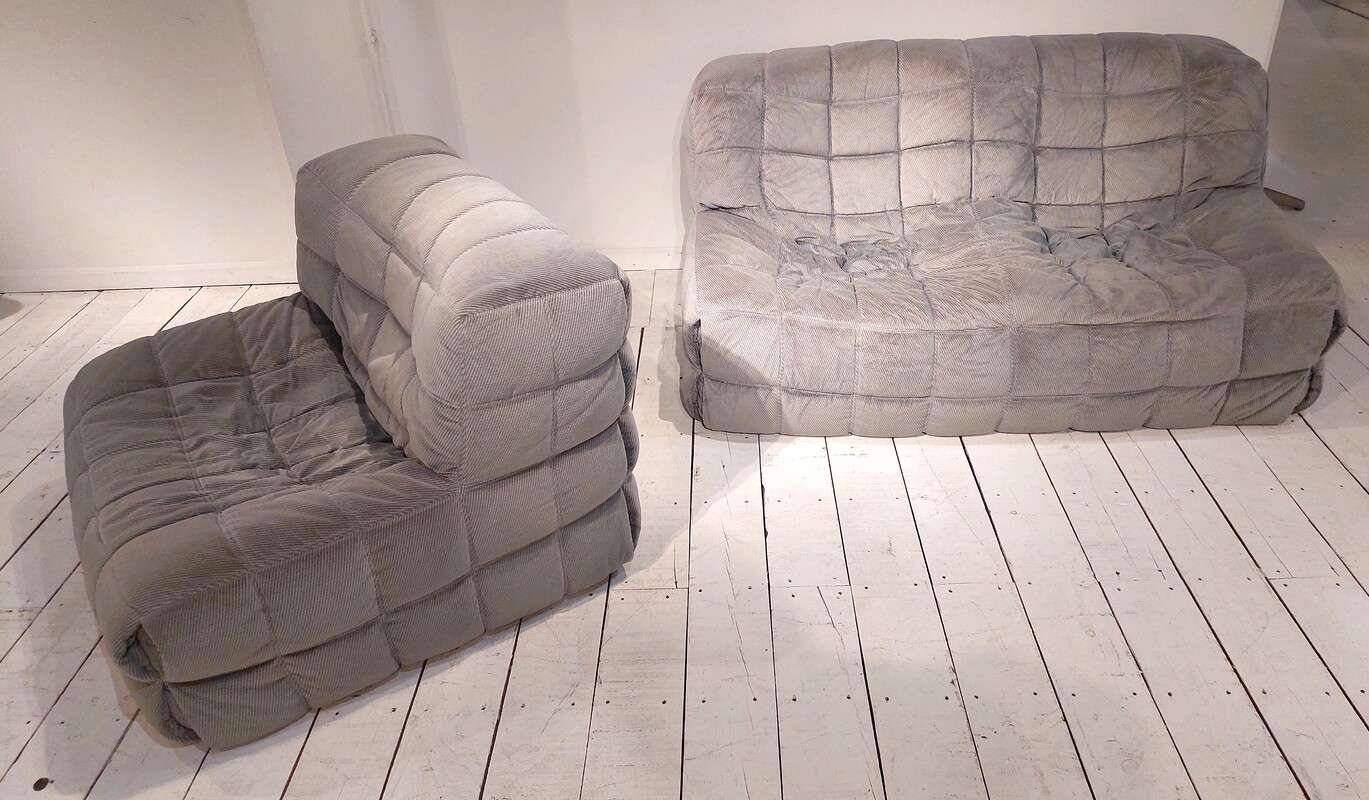 S 191 JC Chair and sofa Kashima in light grey rib fabric by Michel Ducaroy for Ligne Roset, France 1980s