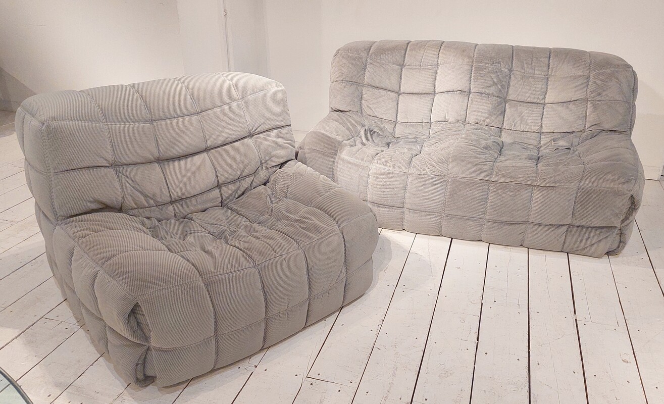 S 191 JC Chair and sofa Kashima in light grey rib fabric by Michel Ducaroy for Ligne Roset, France 1980s