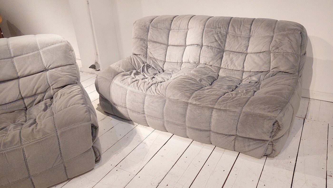 S 191 JC Chair and sofa Kashima in light grey rib fabric by Michel Ducaroy for Ligne Roset, France 1980s