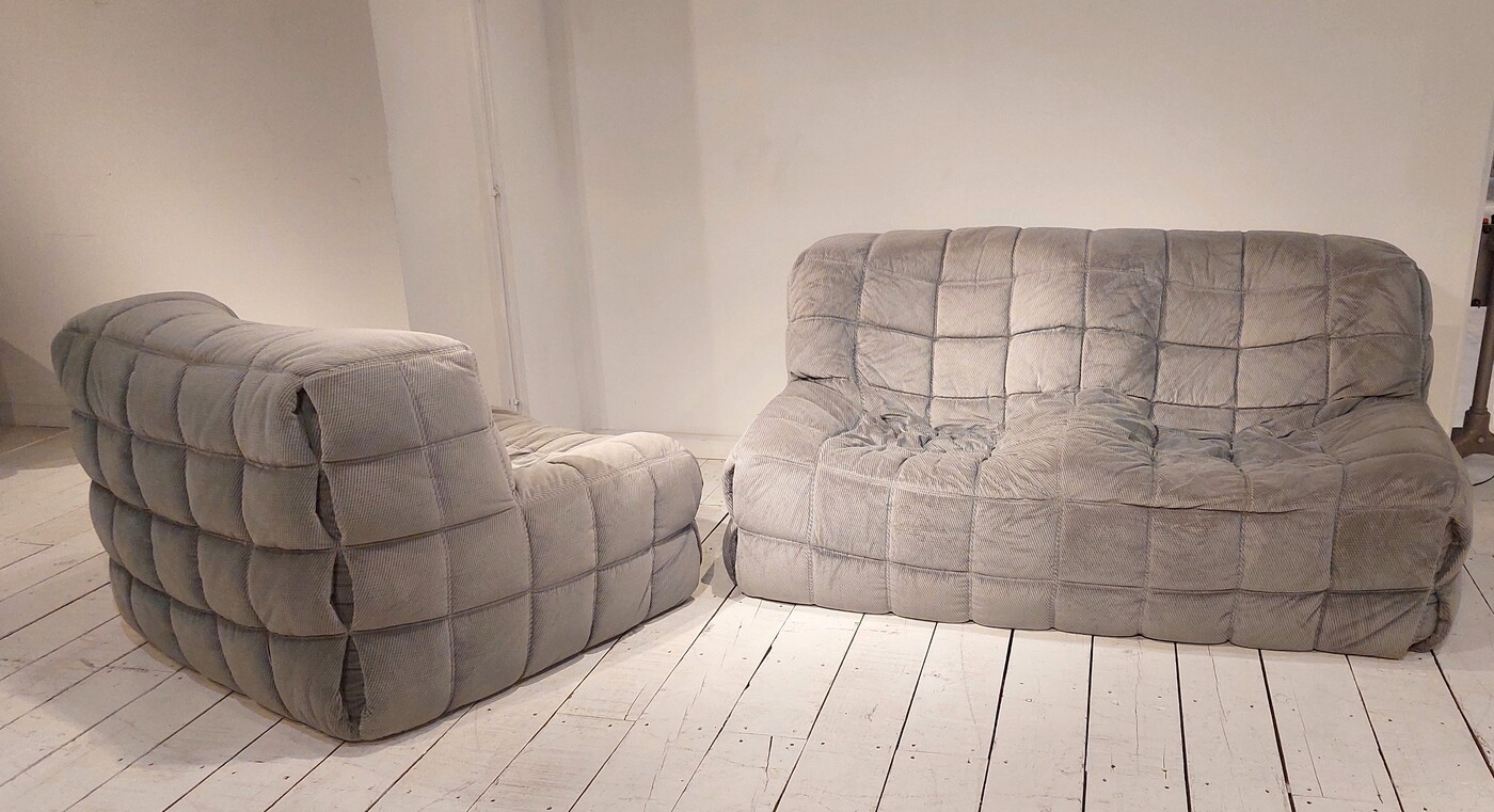 S 191 JC Chair and sofa Kashima in light grey rib fabric by Michel Ducaroy for Ligne Roset, France 1980s