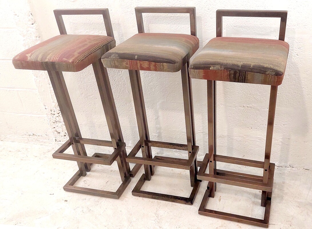 S 227 JC Set of 3 metal bar stools with gunmetal patina, 1980s