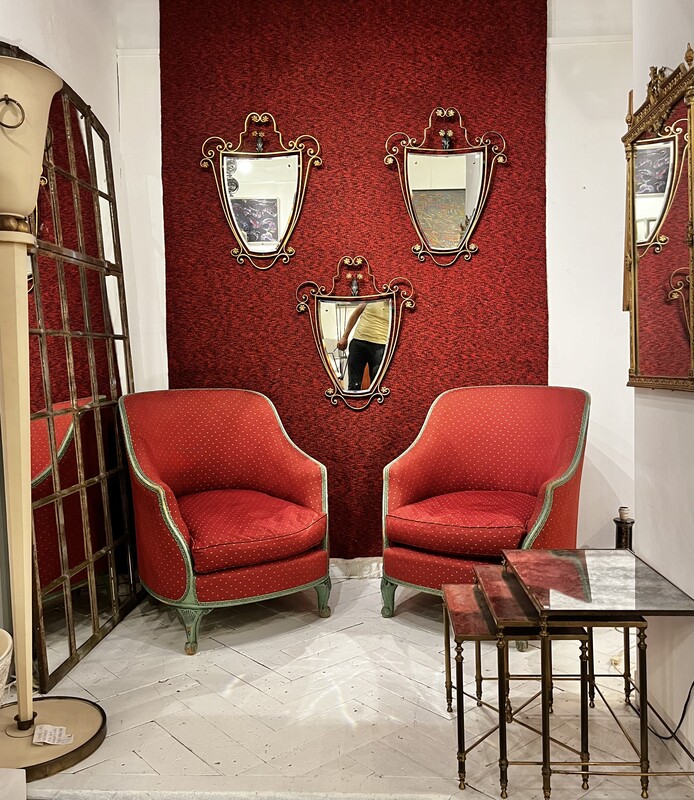 S 237 JD/RC pair of red and green Louis XV armchairs, 1940’s