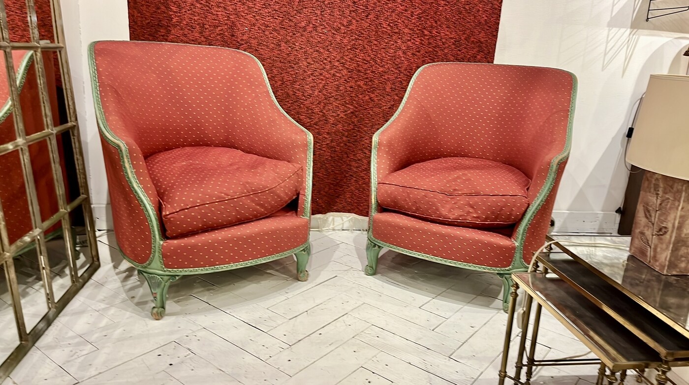 S 237 JD/RC pair of red and green Louis XV armchairs, 1940’s