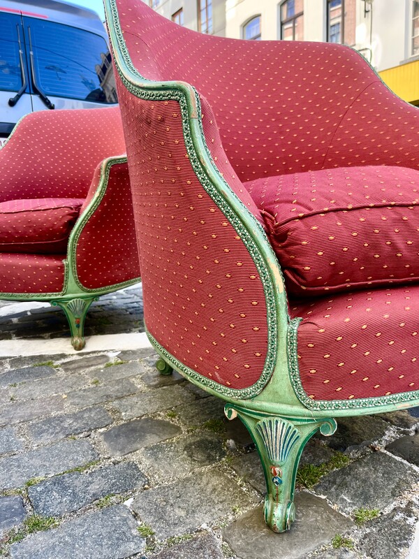 S 237 JD/RC pair of red and green Louis XV armchairs, 1940’s