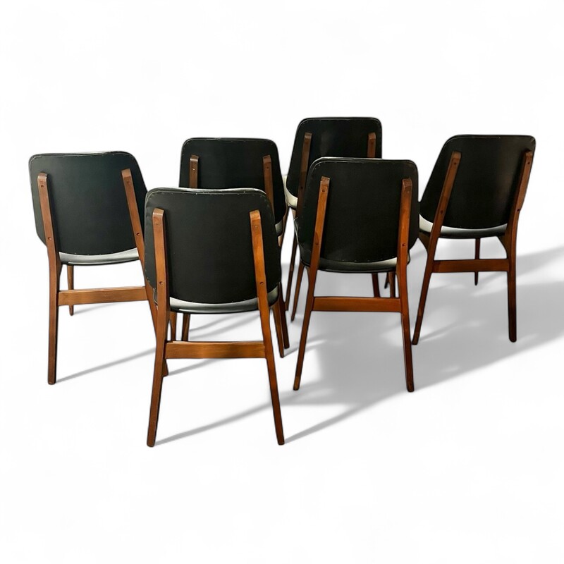 S 302 AS set of 6 vintage chairs, moleskine and teak, 1960