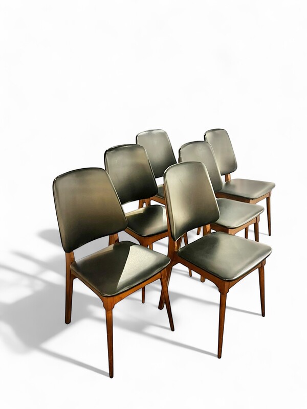 S 302 AS set of 6 vintage chairs, moleskine and teak, 1960