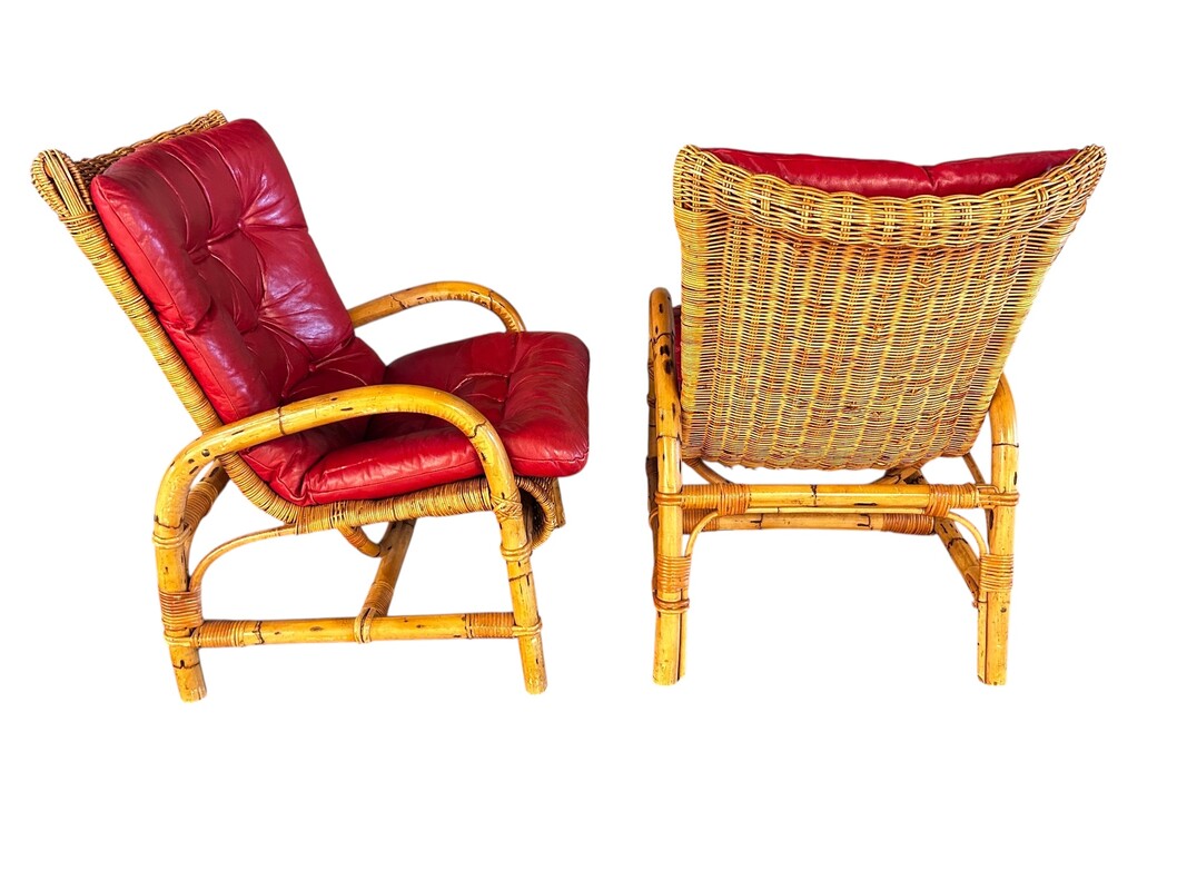 S  333 AS Pair of bamboo armchairs and leather cushions, 1970