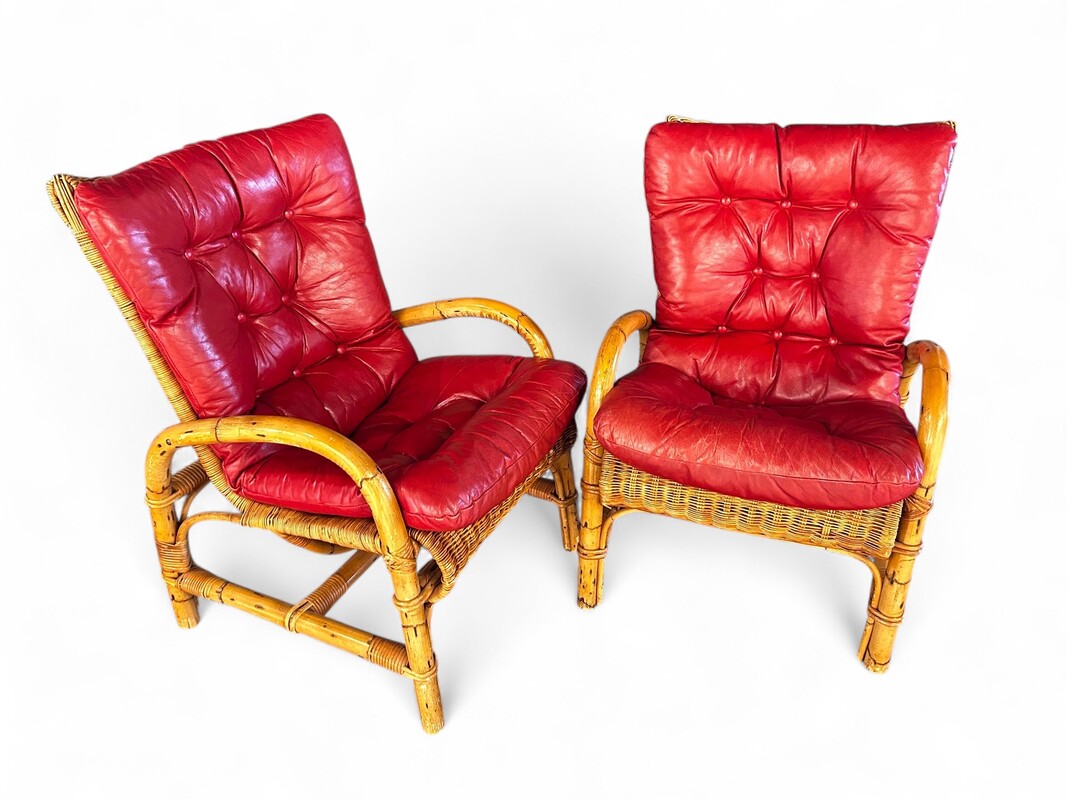 S  333 AS Pair of bamboo armchairs and leather cushions, 1970