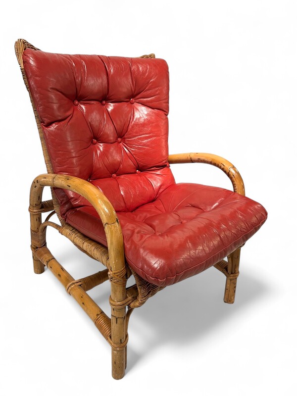 S  333 AS Pair of bamboo armchairs and leather cushions, 1970