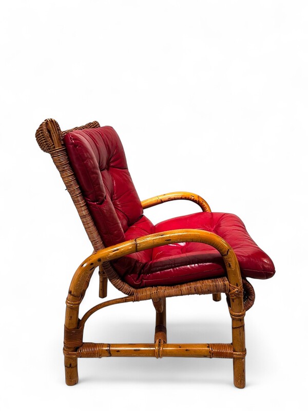 S  333 AS Pair of bamboo armchairs and leather cushions, 1970
