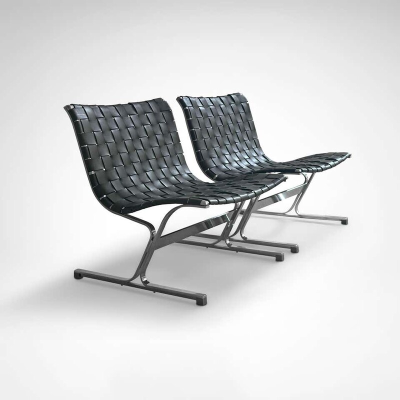 S 360 APO pair of black leather lounge chairs by Ross Littell 