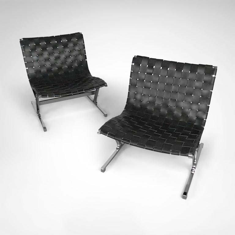 S 360 APO pair of black leather lounge chairs by Ross Littell 