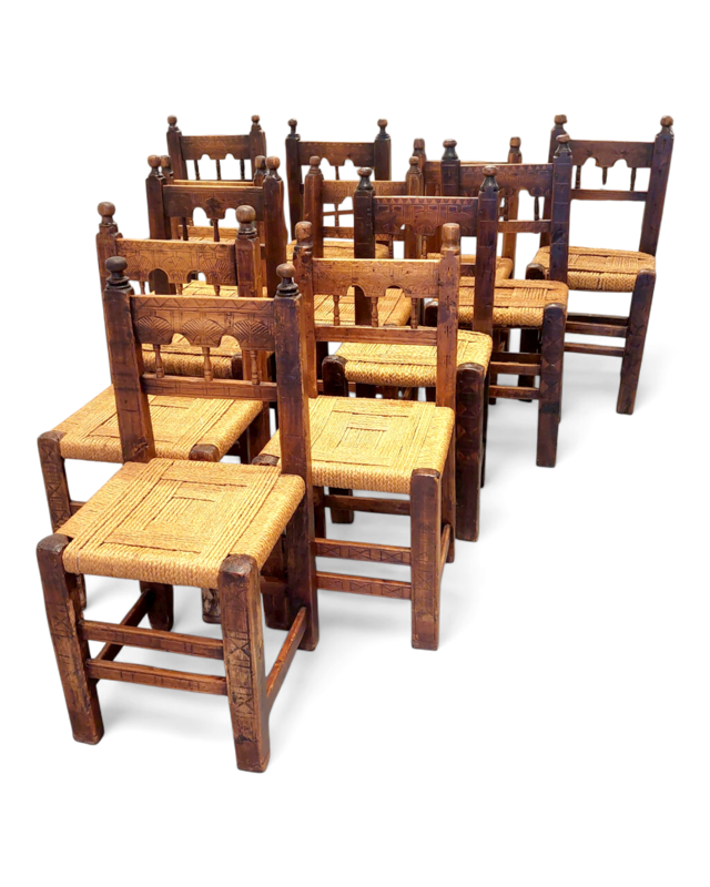 S 371 JC A rare set of 12 chairs in Swiss pine and walnut with fan-shaped decoration, origin: Queyras, France, 19th or late 18th century