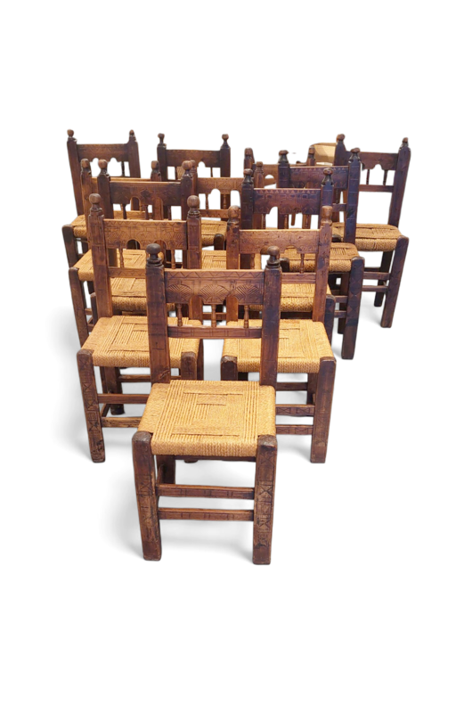S 371 JC A rare set of 12 chairs in Swiss pine and walnut with fan-shaped decoration, origin: Queyras, France, 19th or late 18th century
