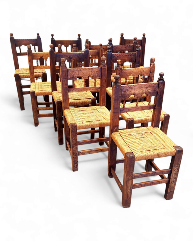 S 371 JC A rare set of 12 chairs in Swiss pine and walnut with fan-shaped decoration, origin: Queyras, France, 19th or late 18th century