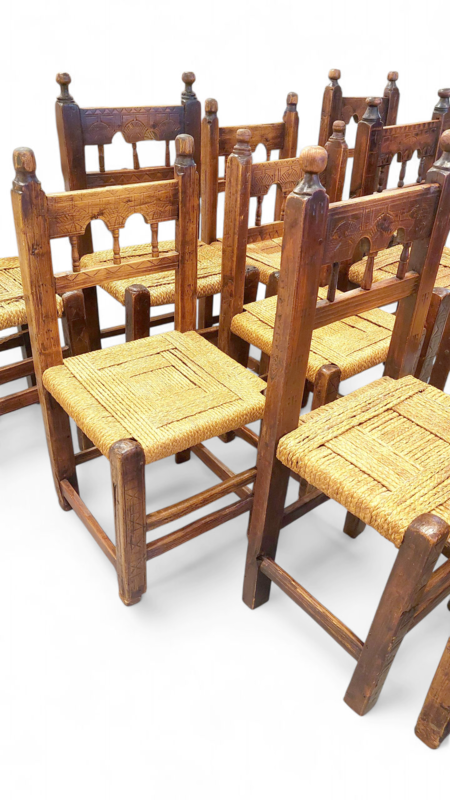 S 371 JC A rare set of 12 chairs in Swiss pine and walnut with fan-shaped decoration, origin: Queyras, France, 19th or late 18th century