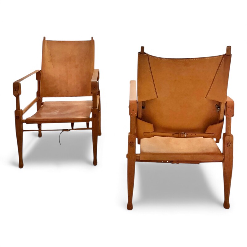 S 387 SC Pair of scandinavian leather and wood safari chairs 