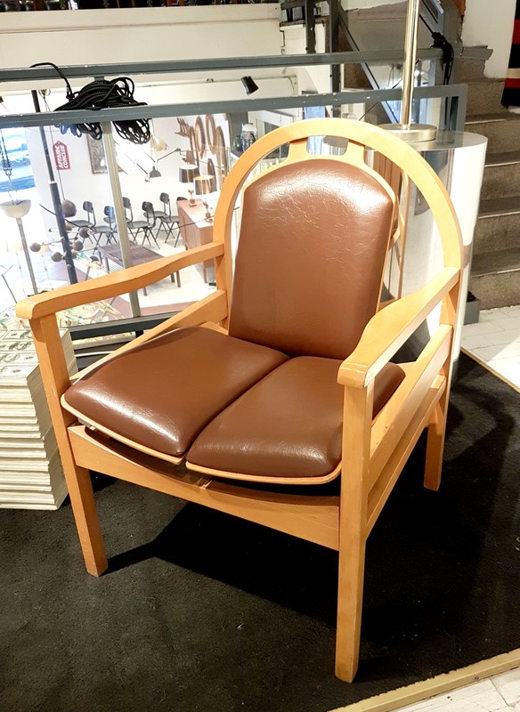 S 530 AV Pair wood and moleskine armchair by Baumann 1980s