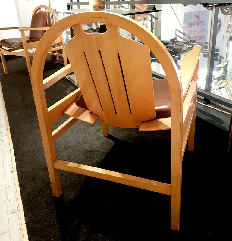S 530 AV Pair wood and moleskine armchair by Baumann 1980s