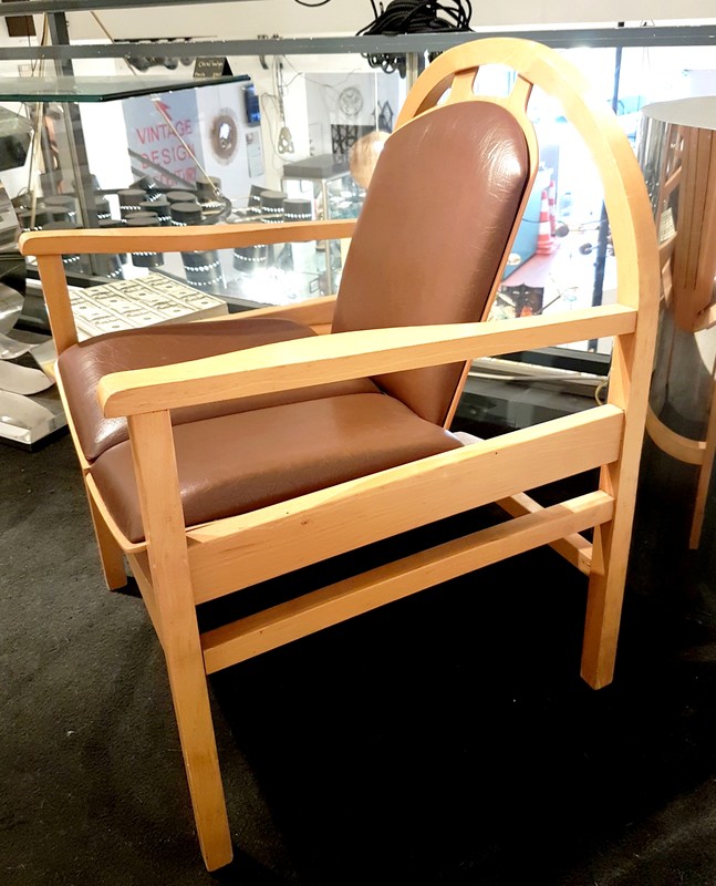 S 530 AV Pair wood and moleskine armchair by Baumann 1980s