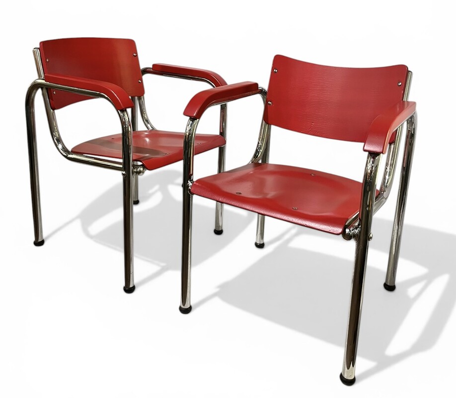 S 545 RP pair of Bauhaus red tubular armchairs 